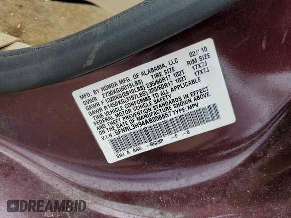 2010 Honda Odyssey Touring with VIN 5FNRL3H94AB056657, listed as a Copart auction lot 72658934 with 202,690 mi miles and Salvage title. Bid and sale history available at DreamBid. Image 14.