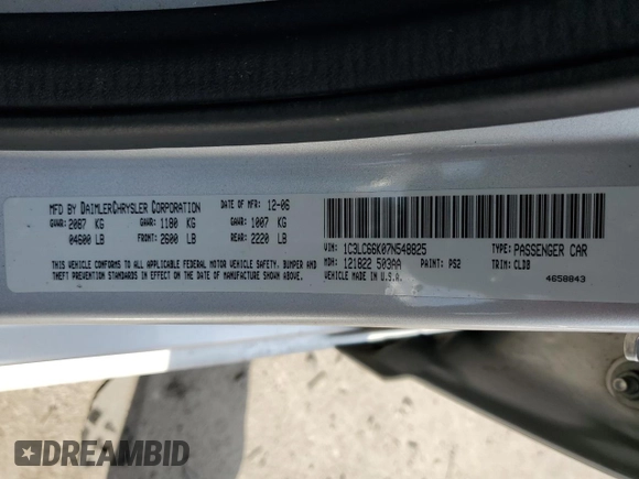 2007 Chrysler Sebring Limited z VIN 1C3LC66K07N548825, wystawiony jako Copart lot #45142015 z przebiegiem 240 543 mil mil oraz Szkoda całkowita • Salvage title. Historia ofert i sprzedaży dostępna na DreamBid. Obrazek 12.