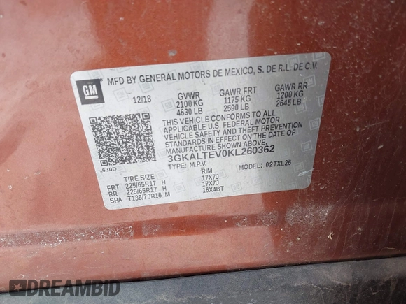 2019 GMC Terrain SLE with VIN 3GKALTEV0KL260362, listed as a IAAI auction lot 41581825 with 87,038 mi miles. Bid and sale history available at carsss.com. Image 9.