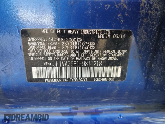 2015 Subaru WRX STI Limited with VIN JF1VA2S61F9811218, listed as a Copart auction lot 81840724 with 69,770 mi miles and Salvage title. Bid and sale history available at DreamBid. Image 12.