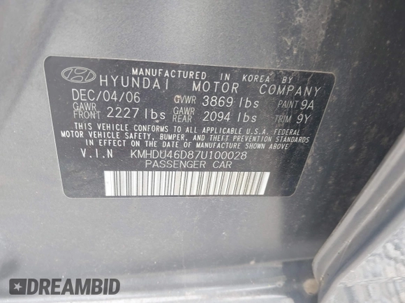 2007 Hyundai Elantra GLS with VIN KMHDU46D87U100028, listed as a IAAI auction lot 42704841 with 127,519 mi miles and . Bid and sale history available at DreamBid. Image 9.