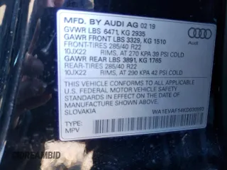 2019 Audi Q8 Premium Plus with VIN WA1EVAF14KD030993, listed as a Copart auction lot 39435663 with 57,547 mi miles. Bid and sale history available at carsss.com. Image 13.