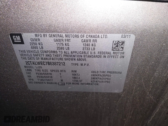 2011 GMC Terrain SLT-2 with VIN 2CTALWEC7B6387212, listed as a IAAI auction lot 41503601 with 206,729 mi miles and . Bid and sale history available at carsss.com. Image 9.