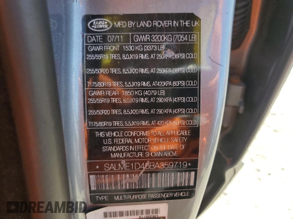 2011 Land Rover Range Rover HSE with VIN SALME1D46BA359719, listed as a Copart auction lot 59049945 with 163,892 mi miles and Salvage title. Bid and sale history available at DreamBid. Image 13.