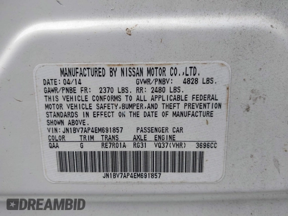 2014 Infiniti Q50 Premium with VIN JN1BV7AP4EM691857, listed as a IAAI auction lot 42372219 with 177,021 mi miles and . Bid and sale history available at DreamBid. Image 9.