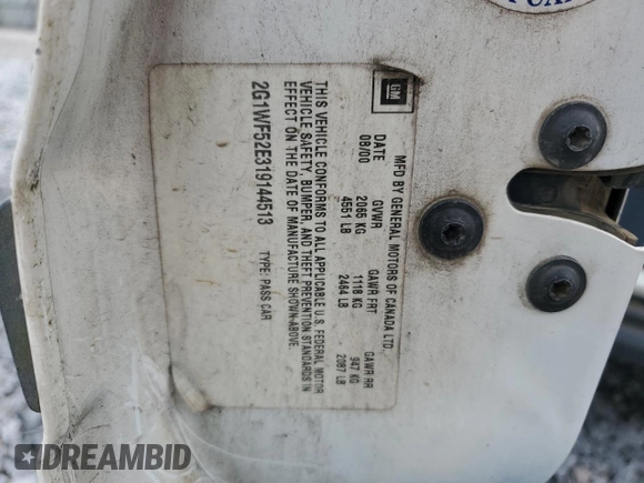 2001 Chevrolet Impala z VIN 2G1WF52E319144513, wystawiony jako Copart lot #53886775 z przebiegiem Nie podano mil oraz Szkoda całkowita • Salvage title. Historia ofert i sprzedaży dostępna na DreamBid. Obrazek 12.