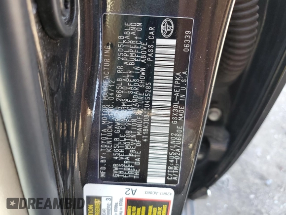 2012 Toyota Avalon with VIN 4T1BK3DB1CU455285, listed as a Copart auction lot 61193575 with 109,673 mi miles and Salvage title. Bid and sale history available at DreamBid. Image 12.