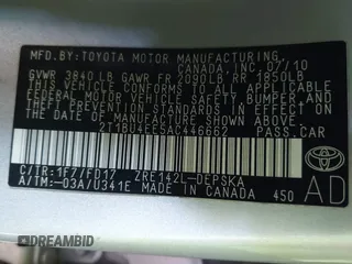 2010 Toyota Corolla with VIN 2T1BU4EE5AC446662, listed as a IAAI auction lot 42670210 with 135,872 mi miles and . Bid and sale history available at DreamBid. Image 9.