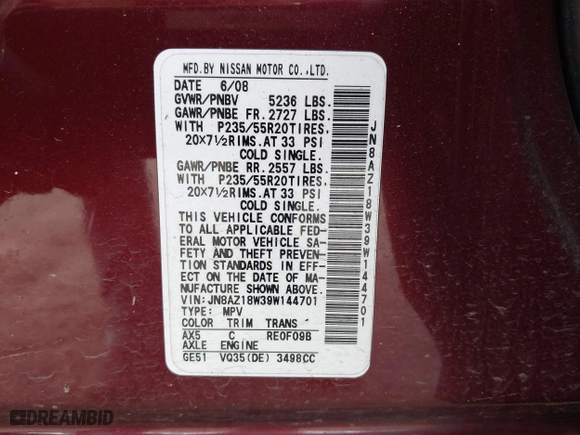 2009 Nissan Murano SL with VIN JN8AZ18W39W144701, listed as a IAAI auction lot 42014230 with 89,063 mi miles. Bid and sale history available at carsss.com. Image 9.