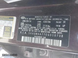 2014 Kia Optima LX with VIN 5XXGM4A77EG310738, listed as a IAAI auction lot 41990314 with 1 mi miles. Bid and sale history available at carsss.com. Image 9.