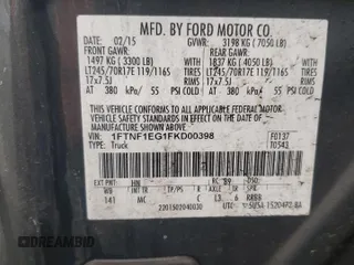 2015 Ford F-150 XL with VIN 1FTNF1EG1FKD00398, listed as a Copart auction lot 72774054 with 164,052 mi miles and Salvage title. Bid and sale history available at DreamBid. Image 12.