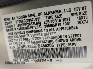 2007 Honda Odyssey EX-L with VIN 5FNRL38697B456356, listed as a IAAI auction lot 41587139 with 194,544 mi miles. Bid and sale history available at carsss.com. Image 9.