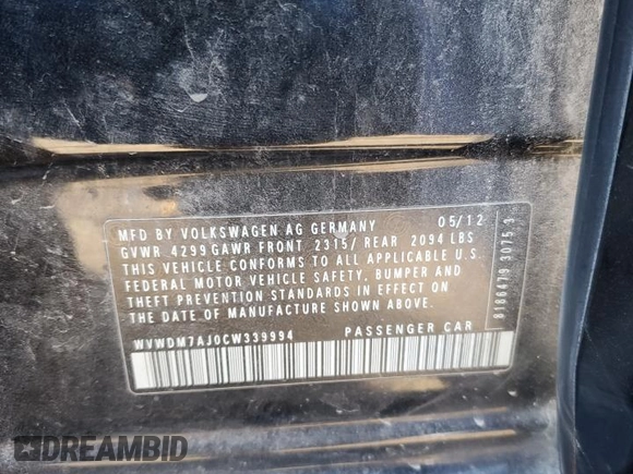 2012 Volkswagen Golf TDI with VIN WVWDM7AJ0CW339994, listed as a Copart auction lot 83026814 with 171,386 mi miles and Salvage title. Bid and sale history available at DreamBid. Image 15.