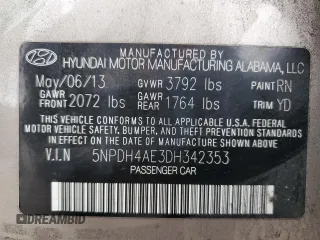 2013 Hyundai Elantra GLS with VIN 5NPDH4AE3DH342353, listed as a Copart auction lot 59496535 with 127,399 mi miles and Salvage title. Bid and sale history available at DreamBid. Image 12.