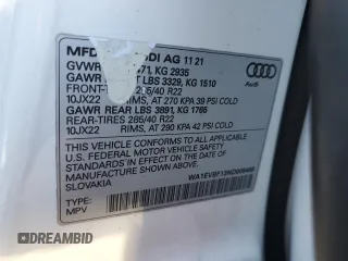 2022 Audi Q8 Premium Plus with VIN WA1EVBF13ND009465, listed as a Copart auction lot 76767644 with 49,868 mi miles and Salvage Title. Bid and sale history available at carsss.com. Image 14.