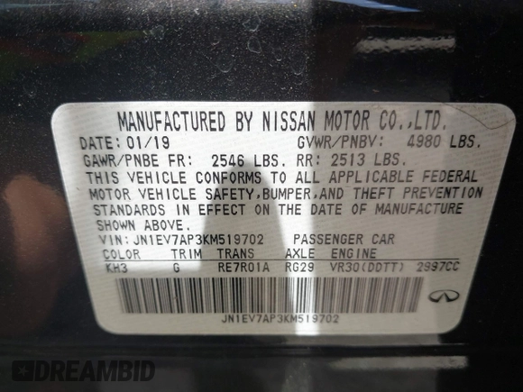 2019 Infiniti Q50 Luxe with VIN JN1EV7AP3KM519702, listed as a IAAI auction lot 42353533 with 46,371 mi miles and . Bid and sale history available at DreamBid. Image 9.