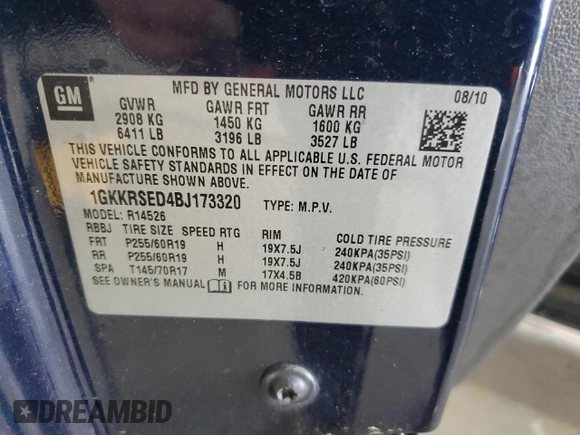 2011 GMC Acadia SLT2 with VIN 1GKKRSED4BJ173320, listed as a Copart auction lot 60407895 with 130,089 mi miles and Salvage title. Bid and sale history available at DreamBid. Image 13.