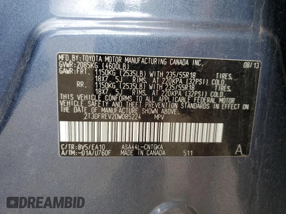 2013 Toyota RAV4 Limited z VIN 2T3DFREV2DW085224, wystawiony jako Copart lot #65229655 z przebiegiem 91 366 mil mil oraz Szkoda całkowita • Salvage title. Historia ofert i sprzedaży dostępna na DreamBid. Obrazek 13.