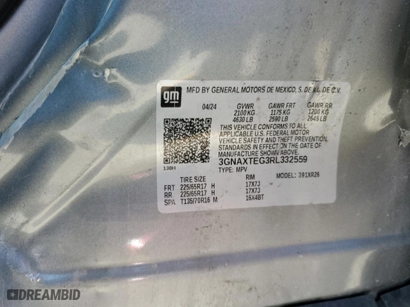 2024 Chevrolet Equinox LT with VIN 3GNAXTEG3RL332559, listed as a Copart auction lot 49460135 with 0 mi miles and Salvage Title. Bid and sale history available at carsss.com. Image 14.