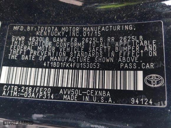 2015 Toyota Camry Hybrid LE with VIN 4T1BD1FK4FU153053, listed as a IAAI auction lot 41568432 with 411,241 mi miles. Bid and sale history available at carsss.com. Image 9.