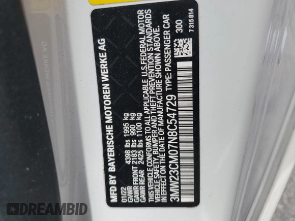 2022 BMW 2 Series 230i with VIN 3MW23CM07N8C54729, listed as a Copart auction lot 61534375 with 40,151 mi miles and Salvage title. Bid and sale history available at DreamBid. Image 12.