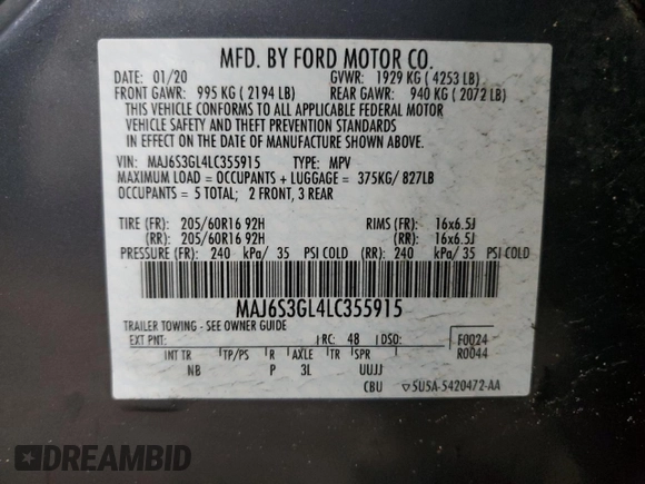 2020 Ford EcoSport SE with VIN MAJ6S3GL4LC355915, listed as a Copart auction lot 54054635 with 127,049 mi miles and Salvage Title. Bid and sale history available at DreamBid. Image 13.