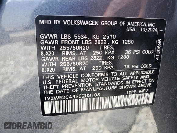 2025 Volkswagen Atlas SE with VIN 1V2WE2CA9SC203108, listed as a Copart auction lot 58047635 with 12,302 mi miles and Clean title. Bid and sale history available at DreamBid. Image 13.