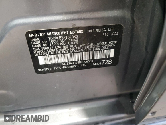 2022 Mitsubishi Mirage ES z VIN ML32AUHJ8NH006084, wystawiony jako Copart lot #58522195 z przebiegiem 54 361 mil mil oraz Czysty tytuł • Clean title. Historia ofert i sprzedaży dostępna na DreamBid. Obrazek 13.