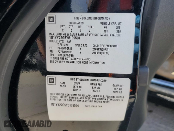 2000 Chevrolet Corvette with VIN 1G1YY22G5Y5109594, listed as a Copart auction lot 49349065 with 114,002 mi miles and Salvage Title. Bid and sale history available at DreamBid. Image 13.