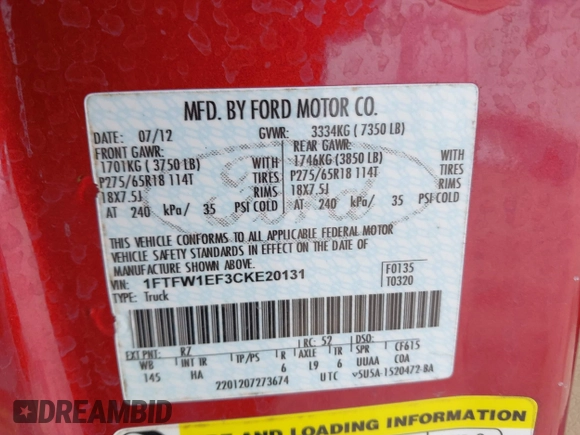 2012 Ford F-150 XL with VIN 1FTFW1EF3CKE20131, listed as a IAAI auction lot 41830407 with 218,413 mi miles and . Bid and sale history available at DreamBid. Image 9.