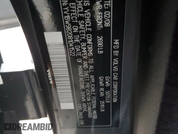 2008 Volvo V70 with VIN YV1BW982081041522, listed as a Copart auction lot 85387264 with 155,503 mi miles and Clean Title. Bid and sale history available at DreamBid. Image 12.