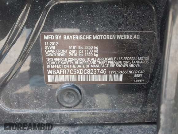 2013 BMW 5 Series 535i with VIN WBAFR7C5XDC823746, listed as a IAAI auction lot 41864658 with 185,180 mi miles and . Bid and sale history available at DreamBid. Image 9.