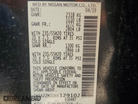 2019 Nissan Murano SV with VIN 5N1AZ2MJ1KN129102, listed as a Copart auction lot 57126035 with 163,852 mi miles and Salvage title. Bid and sale history available at DreamBid. Image 13.