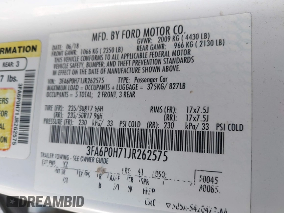 2018 Ford Fusion SE with VIN 3FA6P0H71JR262575, listed as a IAAI auction lot 41408259 with 96,624 mi miles and . Bid and sale history available at DreamBid. Image 9.