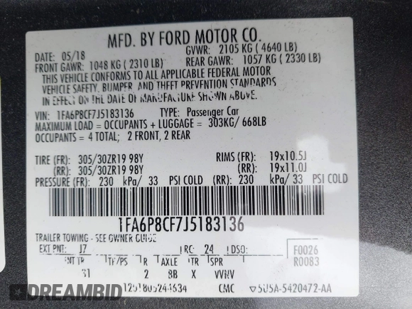 2018 Ford Mustang GT with VIN 1FA6P8CF7J5183136, listed as a IAAI auction lot 41606192 with 69,236 mi miles. Bid and sale history available at carsss.com. Image 9.