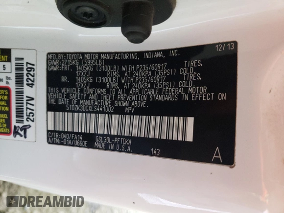 2014 Toyota Sienna L with VIN 5TDZK3DCXES441002, listed as a Copart auction lot 87139804 with 229,943 mi miles and Salvage Title. Bid and sale history available at carsss.com. Image 15.