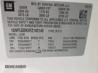2015 Chevrolet Equinox LT with VIN 1GNFLGEK5FZ143140, listed as a IAAI auction lot 42085904 with 124,654 mi miles. Bid and sale history available at carsss.com. Image 9.