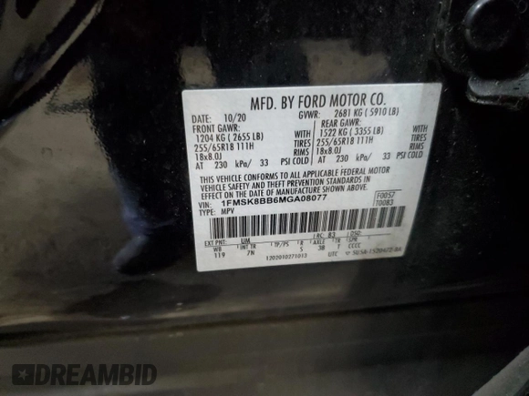 2021 Ford Explorer with VIN 1FMSK8BB6MGA08077, listed as a Copart auction lot 82614854 with 43,278 mi miles and Salvage Title. Bid and sale history available at carsss.com. Image 13.