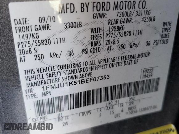 2011 Ford Expedition Limited with VIN 1FMJU1K51BEF07353, listed as a Copart auction lot 57209775 with Not provided miles and Salvage title. Bid and sale history available at DreamBid. Image 12.