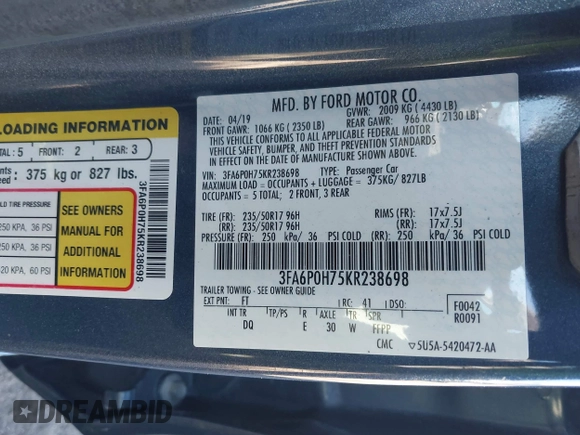 2019 Ford Fusion SE with VIN 3FA6P0H75KR238698, listed as a IAAI auction lot 41817222 with 1 mi miles. Bid and sale history available at carsss.com. Image 9.