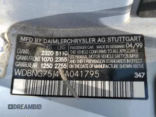 2000 Mercedes-Benz S 320/430/500 with VIN WDBNG75J4YA041795, listed as a Copart auction lot 62033745 with Not provided miles and Salvage title. Bid and sale history available at DreamBid. Image 13.