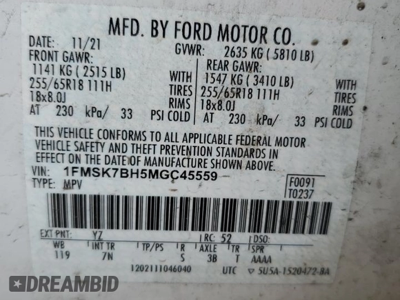 2021 Ford Explorer with VIN 1FMSK7BH5MGC45559, listed as a Copart auction lot 45323835 with 105,652 mi miles and Salvage Title. Bid and sale history available at carsss.com. Image 13.