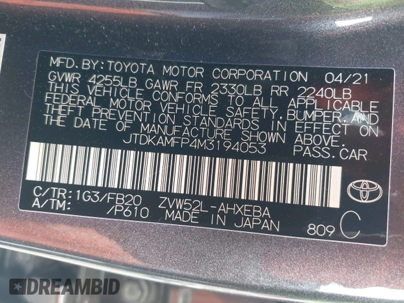 2021 Toyota Prius LE with VIN JTDKAMFP4M3194053, listed as a IAAI auction lot 42441091 with 47,290 mi miles and . Bid and sale history available at DreamBid. Image 9.