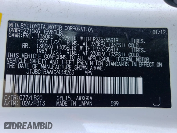 2012 Lexus RX 450h with VIN JTJBC1BA6C2434263, listed as a Copart auction lot 44632765 with 157,398 mi miles and Non Repairable. Bid and sale history available at DreamBid. Image 14.