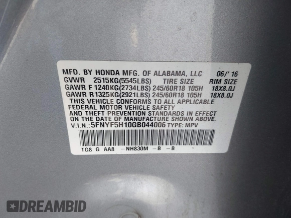 2016 Honda Pilot LX with VIN 5FNYF5H10GB044006, listed as a IAAI auction lot 42075404 with 129,642 mi miles and . Bid and sale history available at DreamBid. Image 9.