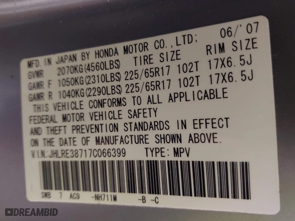 2007 Honda CR-V EX-L with VIN JHLRE38717C066399, listed as a IAAI auction lot 41854827 with 113,281 mi miles. Bid and sale history available at carsss.com. Image 9.