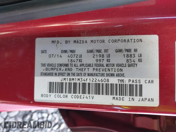 2015 Mazda 3 S Grand Touring with VIN JM1BM1M34F1224608, listed as a IAAI auction lot 41744848 with 154,695 mi miles and . Bid and sale history available at DreamBid. Image 9.