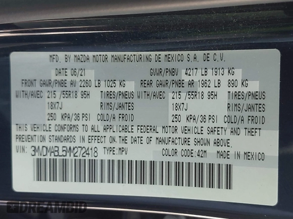 2021 Mazda CX-30 Select with VIN 3MVDMABL5MM272418, listed as a IAAI auction lot 41783355 with 25,429 mi miles and . Bid and sale history available at DreamBid. Image 9.