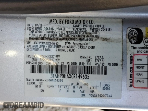 2012 Ford Fusion SE with VIN 3FAHP0HAXCR149635, listed as a Copart auction lot 49047545 with 195,859 mi miles and Salvage Title. Bid and sale history available at DreamBid. Image 13.