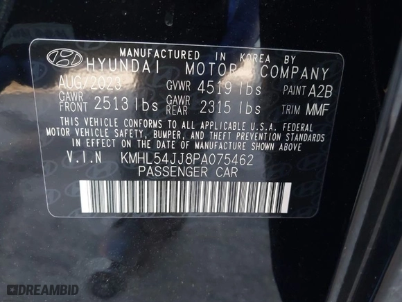 2023 Hyundai Sonata Hybrid Limited with VIN KMHL54JJ8PA075462, listed as a IAAI auction lot 41756115 with 8,599 mi miles. Bid and sale history available at carsss.com. Image 9.